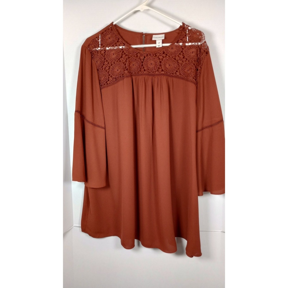 Ava & Viv Burnt Orange Bell Sleeve Peasant Blouse Sz 3X Boho Office Crochet Neck